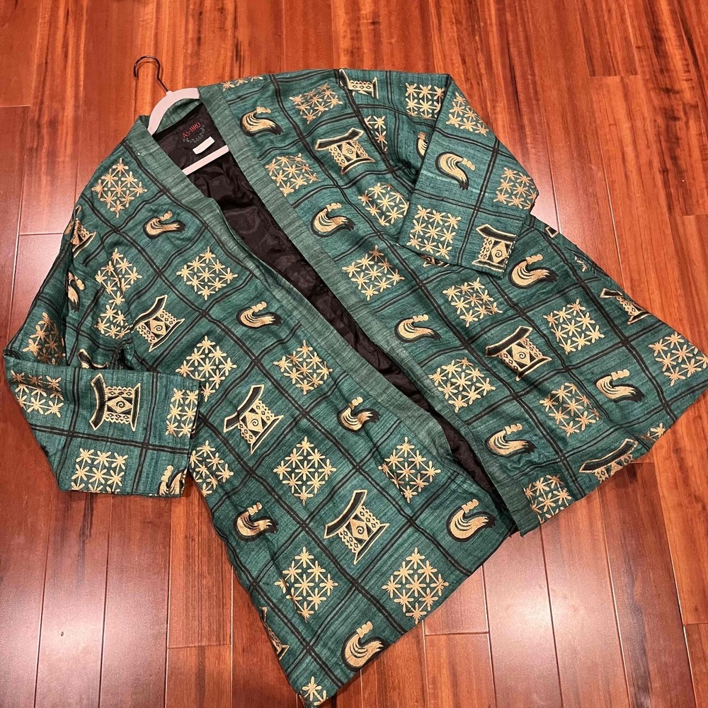 Ashro‎ Green Jacket Kimono Textured Fabric Silk Open Front 3/4 Sleeve Size Large